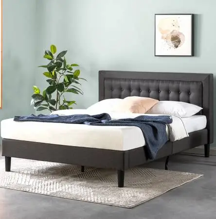 Bed Frame - Dark Grey Platform Bed with Wooden Slats - King