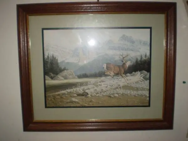 1986 MANUEL MANSANAREZ JR. BUCK DEER & BEAR IN MOUNTAINS, FRAMED & MAT