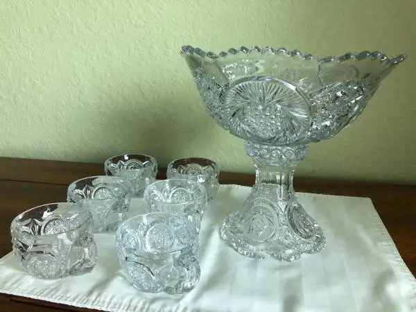 Vintage Crystal Punch Bowl, Stand, & Mugs