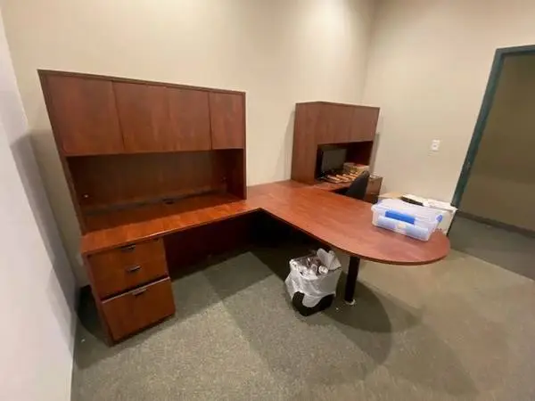 2 person Cherry 6ft X 11ft Peninsula Desk w/Hutch & BBF 3 Drawer File