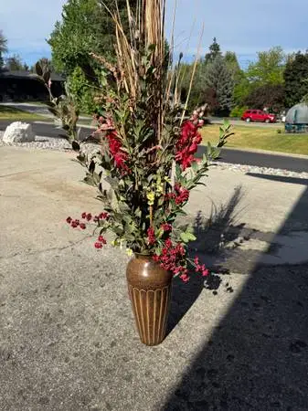 Looks Great! Bronze Metal Vase Includes The Flowers etc.