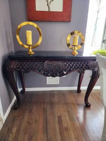 GRANITE TOP VICTORIAN CHERRY WOOD TABLE CABINET WITH CARVED ACCENTS