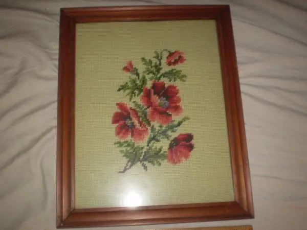 2 Vintage 50s framed cross stitch  flowers