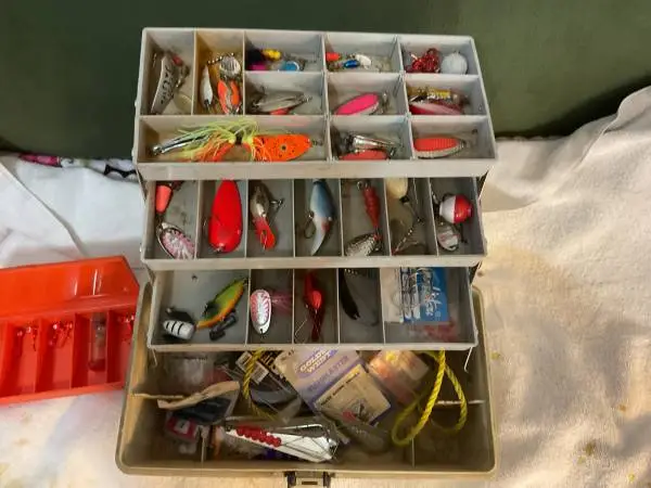 Fishing tackle three tray flambeau adv. box full very nice stuff some looks unus