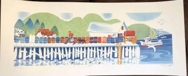 “Fuel Dock (Pelican)” by late Alaskan artist Rie Muñoz