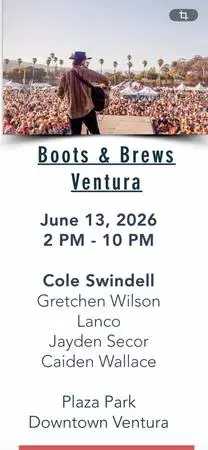2 VIP Tickets - Boots in The Park in Ventura on 6/13
