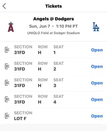 Angels versus the Dodgers on Sunday, June 7, 1 PM 4 tickets W/parking