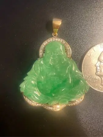 18K Gold Green Apple Jadeite Jade Laughing Buddha Pendant