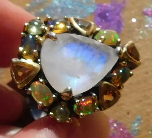 Moonstone 6 Opal 4Yellow Citrine 2 Tourmalin Ring Size 8 custom made
