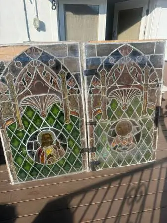 2 antique Stained Glass Windows, one Jesus one Mary (Estate Sale)