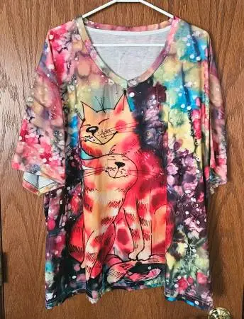 4XL Plus Size Multi Color Cat Print Blouse