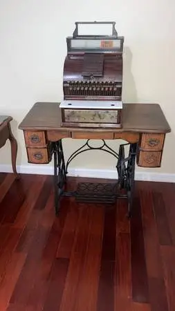 Antique National Cash Register/on Sewing Machine Table