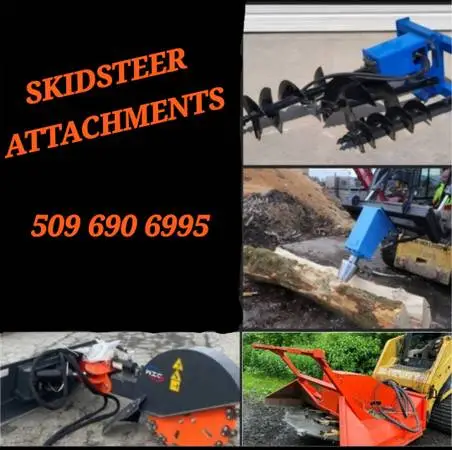 skid steer Splitter, Post Hole Digger, Mulcher, Stump Grinder, Plate