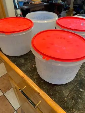 Vintage cookie Tupperware containers. They have cookie written on them