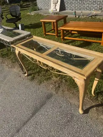 Elegant Wood Console Table w/ Glass Insets & Decorative Metal Detail