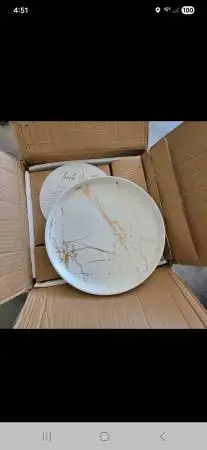 Set of contemporary white and gold dishes, new in box