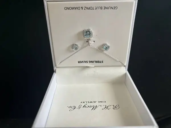 Genuine blue topaz and diamond sterling silver necklace and earrings