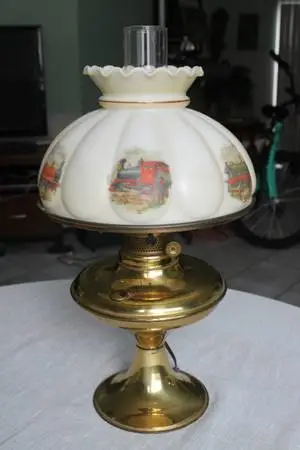 Antique Electrified Oil Lamp – Milk Glass Shade – Railroad – Brass