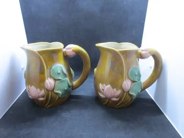 2 Henricksen Majolica Lotus Flower Water Lily 6 Hand Painted Pitchers