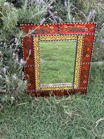 Hand-Carved Peruvian Wood Mirror, Reverse Painted Glass, Cusco Style