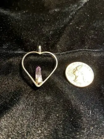 New – Sterling Silver Heart & Purple Amethyst Crystal Pendant: 1 3/8