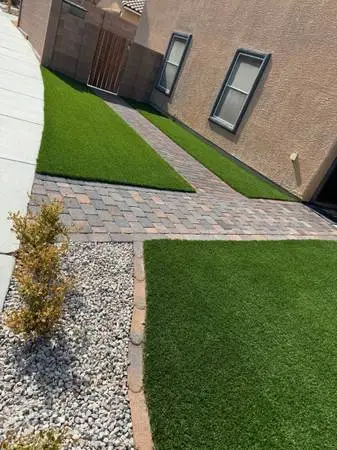 Backyard front yard pavers concrete turf patio cover landscape