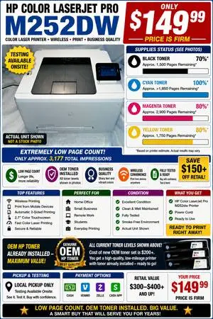 🖨️ HP Color LaserJet Pro M252dw w/ High 201X Toner Low Pages
