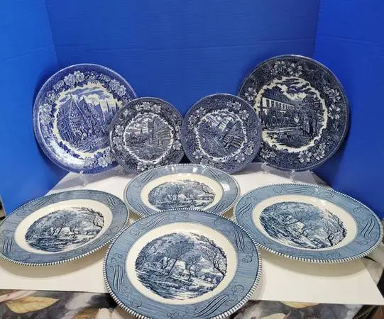 Vintage Blue and White Transferware Plates Large Lot