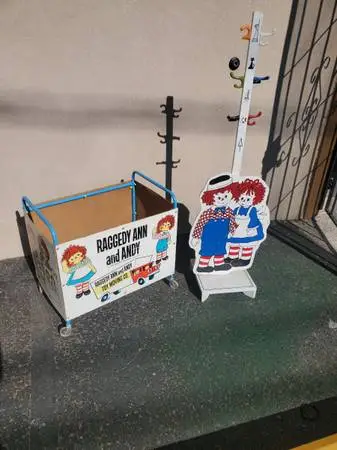 Raggedy Anne and Andy toy box and coat hanger