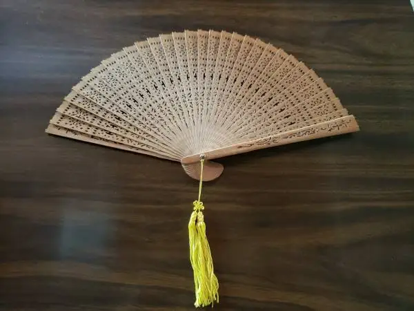NOS Vintage Carved Folding Handheld Fan w/ Original Box
