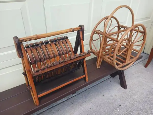 VINTAGE BURNT RATTAN AND 1970S MAGAZINE BOOK RACK HOLDERS, $45 EACH