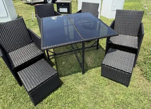 Outdoor Wicker Patio Set  Table, 4 Armchairs, and 4 Matching Footstool