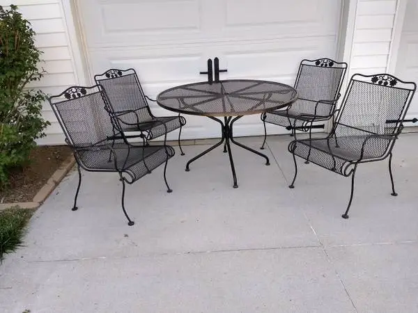 Vintage Wrought Iron Patio Set - 48 Table & 4 High Back Dining Chairs