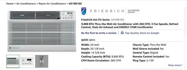 Friedrich 9,800 BTU Uni-Fit Series US10D10C In Wall Air Conditioner