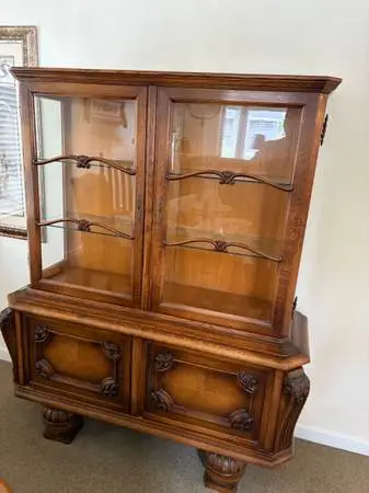 Antique Oak Display Cabinet w/ Two Glass Shelves