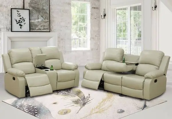 Beige leather fully reclining sofa and love seat