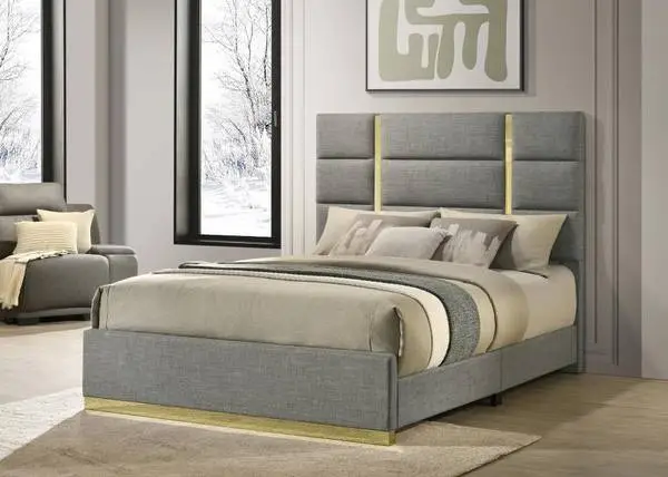 Panel Queen Bed Upholstered in Grey Fabric with Gold Accent Details!