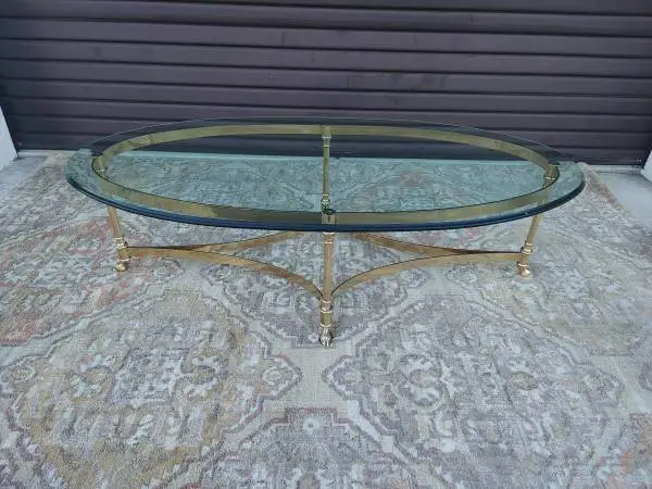 Vintage Hollywood Regency Brass Oval Coffee Table (La Barge) Glass Top