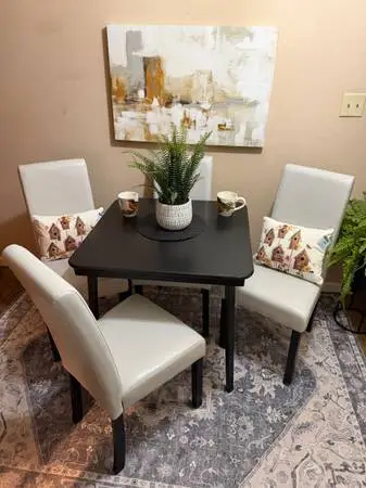Nice Black Table and four NEW Cloud Gray Dining Chairs