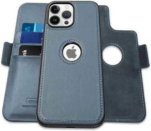 Genuine Leather Wallet case for iPhone 13 Pro Max, 2-in-1 Magnetic De