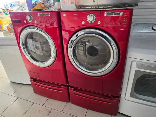 Lg tromm red front load washer and gas dryer pedestal
