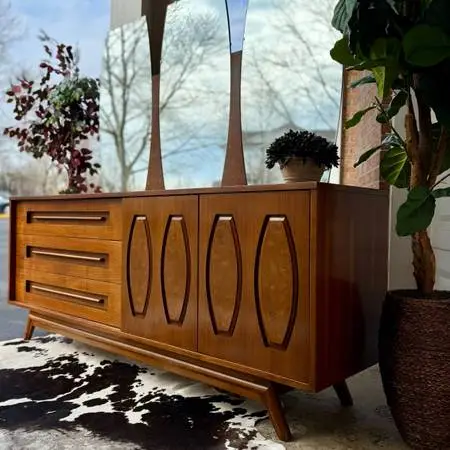Vintage MCM Walnut and Burlwood Long Lowboy Dresser with Triple Mirror by Young