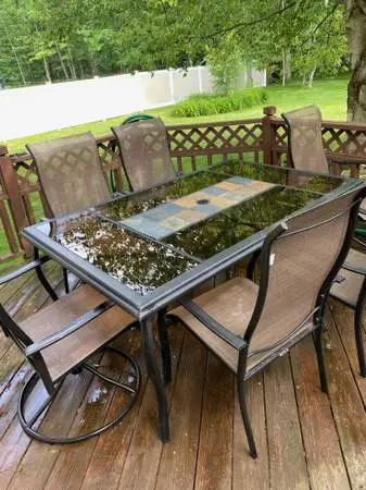 Hampton Bay Patio Table and 6 chairs umbrella and stand