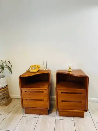 Mid century Pair of Teak Modern Nightstands with Pull Out Shelf