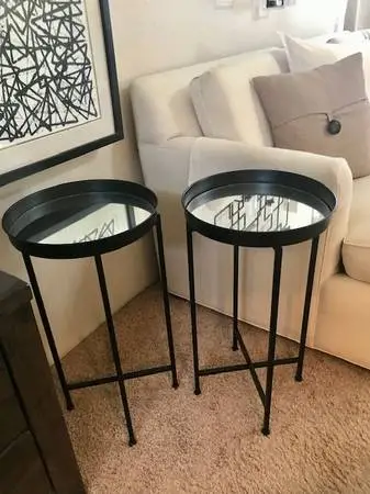 Round Black Accent Tables w/ Mirror Tray Top Metal Foldable - Set of 2