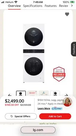 [New LG 24in Compact Ventless Washtower 2.4 Wash and Elect 4.2 Dry]