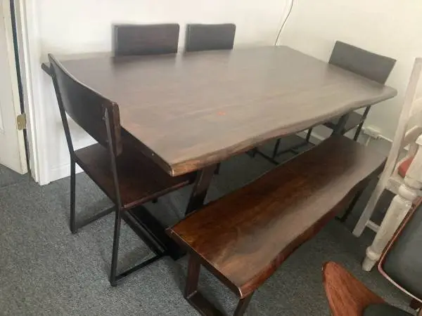 Dark walnut farmhouse table 4 chairs and bench