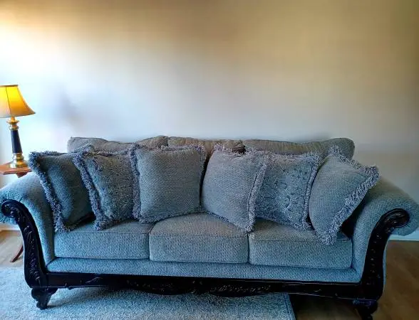 like new, 5pc set, sofa, love seat, solid cherry coffee & end tables
