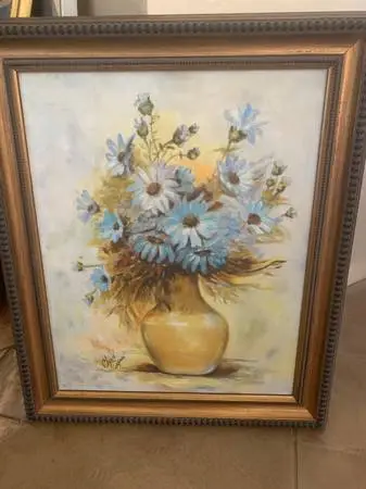 “Blue Daises” Oil On Canvas Board Original Painting Framed