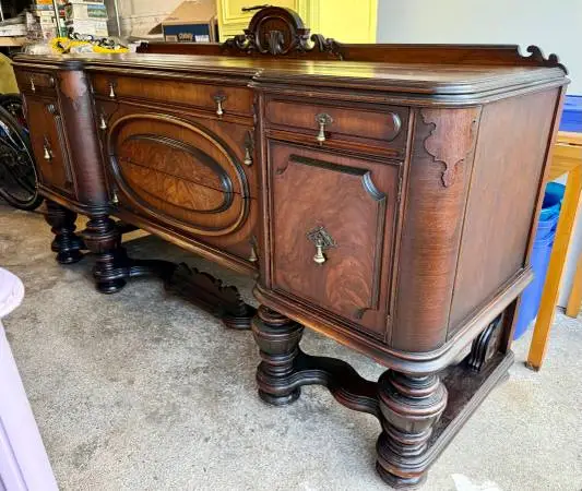 Antique Burled Walnut Jacobean Revival Sideboard Buffet